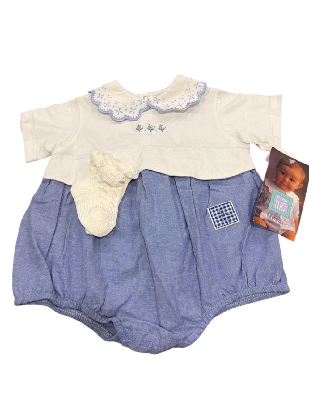 Little Me Vintage Baby Girl NWT Blue & White Romper & Socks Embroidered Collar 3